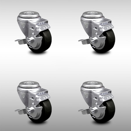 Service Caster 3 Inch SS Black Polyurethane Wheel Swivel Bolt Hole Caster Set with Brake SCC SCC-SSBH20S314-PPUB-BLK-TLB-4